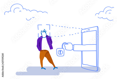 smartphone scanning man face id unlock padlock recognition identification authorization access mobile app concept businessman silhouette sketch doodle vector illustration