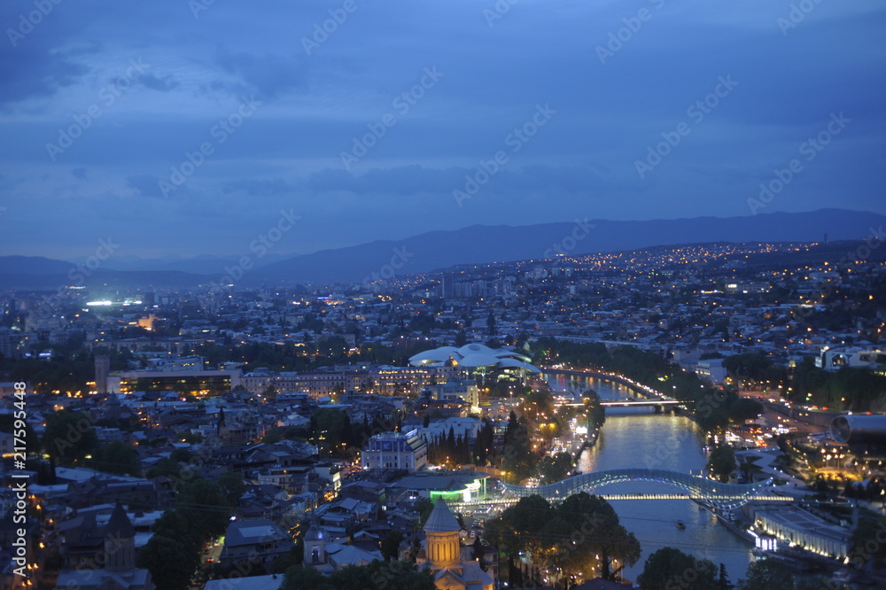 Fototapeta premium Georgia. Night Tbilisi. Cathedral. Monastery, Georgian Orthodox Church. Ancient and modern city.