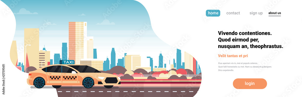 Yellow taxi car service cab road over modern cityscape background horizontal banner flat copy space vector illustration