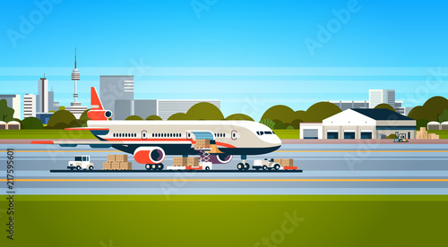transport airplane express delivery preparing flight aircraft airport air cargo international transportation concept forklift loading parcel boxes flat horizontal vector illustration