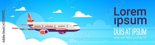flying airplane express delivery shipping international transportation concept sky background flat horizontal banner copy space vector illustration