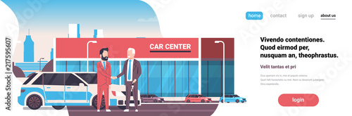 Purchase sale rental center seller man Giving Keys To Owner Car Showroom Background Horizontal Banner
