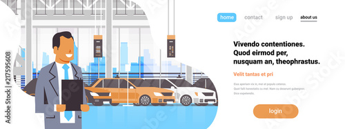 Seller man cars dealership center showroom interior over set new modern vehicles horizontal banner flat copy space vector illustration