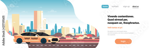 Yellow taxi car service cab road over modern cityscape background horizontal banner flat copy space vector illustration
