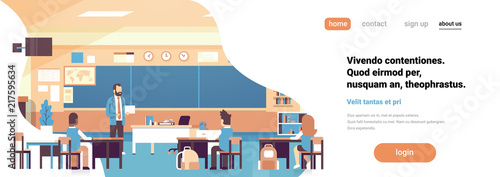 Male teacher pupils rear view classroom interior lesson teaching school class successful study concept horizontal banner copy space flat vector illustration
