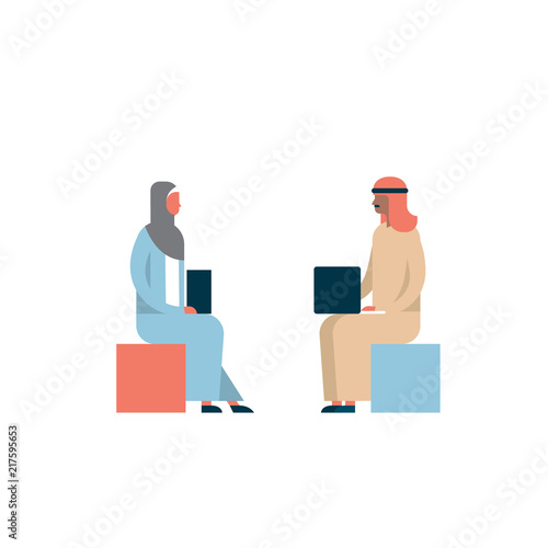 arab couple sitting using laptop business meeting communication concept man woman cartoon character silhouette full length isolated vector illustration