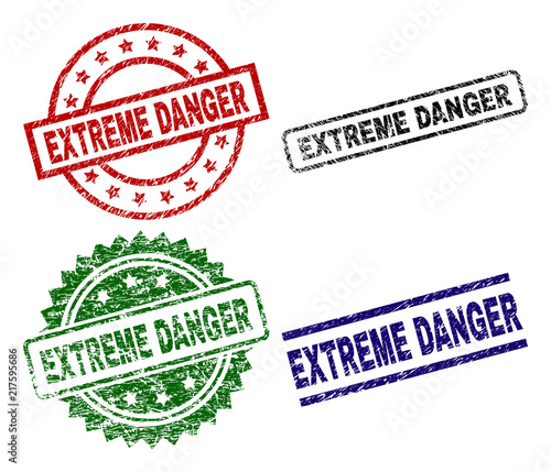 EXTREME DANGER seal prints with corroded texture. Black, green,red,blue vector rubber prints of EXTREME DANGER caption with corroded texture. Rubber seals with round, rectangle, medal shapes.