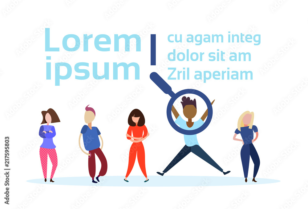 recruitment agency zoom magnifying glass picking business person candidate mix rase man woman isolated cartoon character flat copy space vector illustration recruitment agency zoom magnifying glass picking business person candidate mix rase man woman isolated cartoon character flat copy space vector illustration