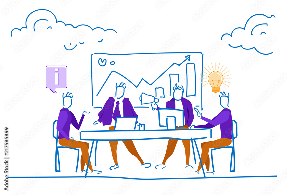 Plakat businessmen office table conference financial graph arrow up analytics consultant concept men brainstorming process silhouette sketch doodle horizontal vector illustration
