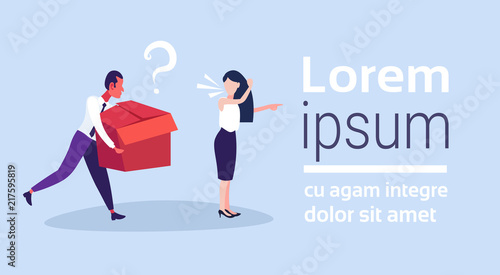 woman boss quarrel business conflict shouting on man employee holding box question mark dispute concept horizontal copy space cartoon character vector illustration