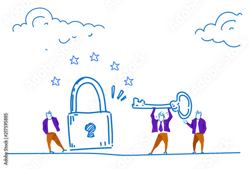 businessmen holding key unlock padlock access General Data Protection Regulation GDPR server security guard over horizontal hand drawn sketch doodle vector illustration