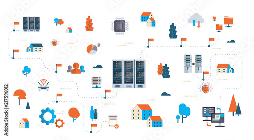 data network flowchart server map isometric cloud storage synchronization internet connection database center concept horizontal banner flat isolated vector illustration