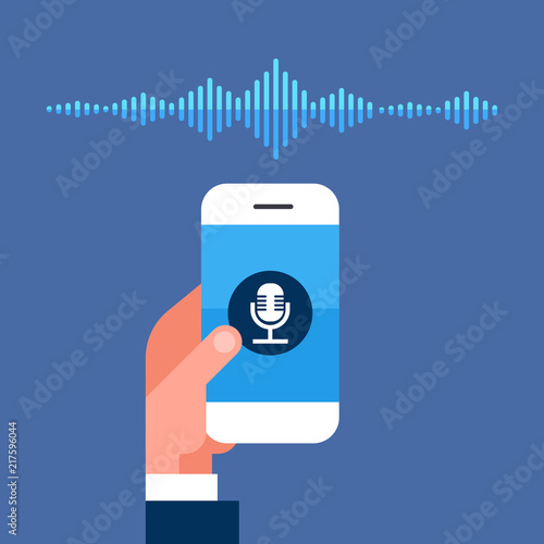 hand hold phone app intelligent voice personal assistant recognition sound waves technology concept smart ai speaker artificial intelligence speech flat vector illustration