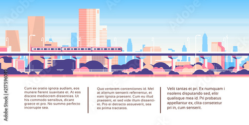Subway monorail over city skyscraper business infographic template cityscape background skyline flat horizontal banner vector illustration