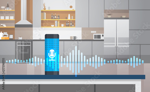Home intelligent voice activated assistant recognition technology concept kitchen interior background smart ai speaker hi tech futuristic artificial intelligence speech horizontal flat vector