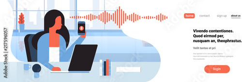 businesswoman hold phone intelligent voice personal assistant recognition soundwaves technology concept office interior background artificial intelligence horizontal banner copy space flat vector