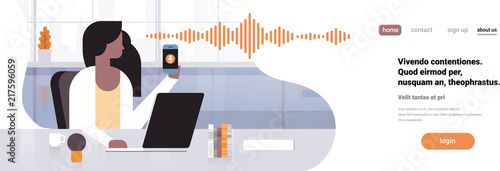 businesswoman hold phone intelligent voice personal assistant recognition sound waves technology concept office interior background artificial intelligence horizontal banner copy space flat vector
