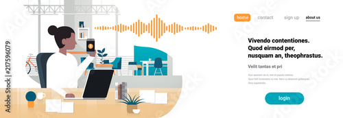 businesswoman hold phone intelligent voice personal assistant recognition sound waves technology concept office interior background artificial intelligence horizontal banner copy space flat vector