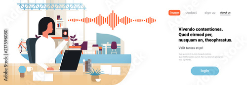 businesswoman hold phone intelligent voice personal assistant recognition soundwaves technology concept office interior background artificial intelligence horizontal banner copy space flat vector