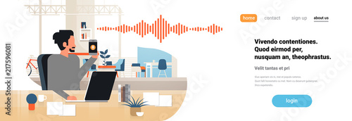 man hold phone intelligent voice personal assistant recognition sound waves technology concept office interior background artificial intelligence horizontal banner copy space flat vector illustration