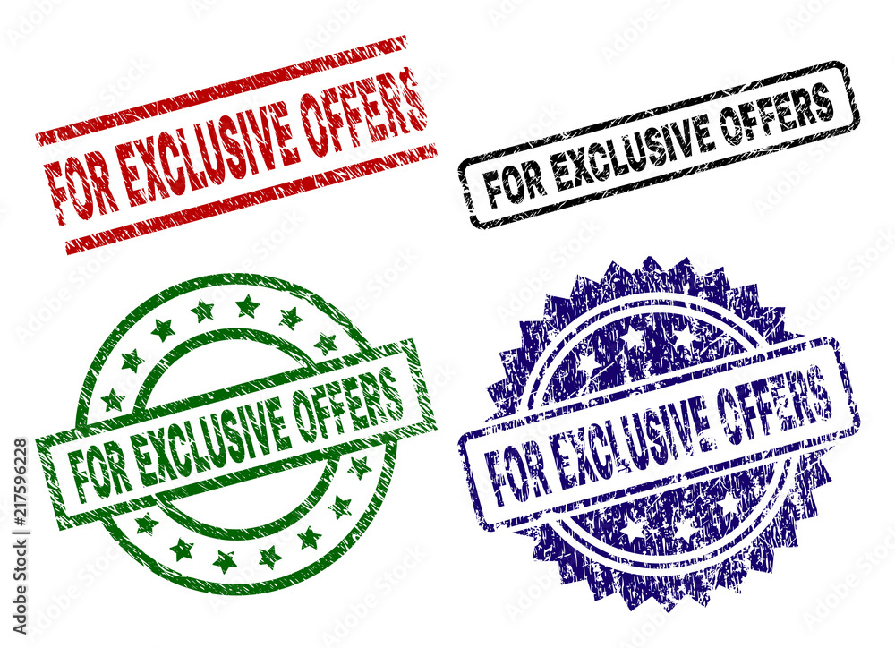 FOR EXCLUSIVE OFFERS seal imprints with distress style. Black, green,red,blue vector rubber prints of FOR EXCLUSIVE OFFERS caption with scratched style. Rubber seals with round, rectangle, FOR EXCLUSIVE OFFERS seal imprints with distress style. Black, green,red,blue vector rubber prints of FOR EXCLUSIVE OFFERS caption with scratched style. Rubber seals with round, rectangle,