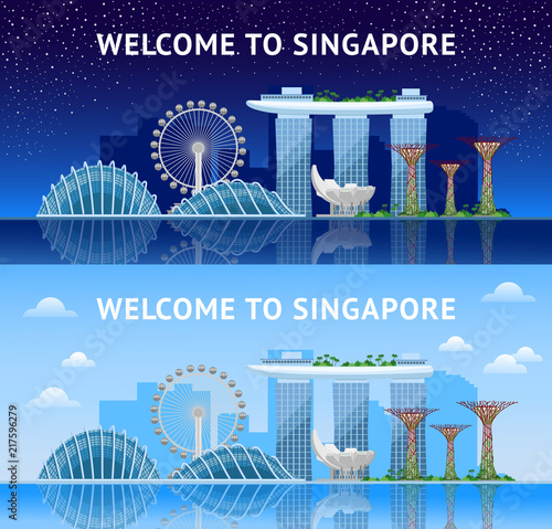 Singapore. Panoramic view of the city at night and day. Singapore city skyline. Vector illustration.