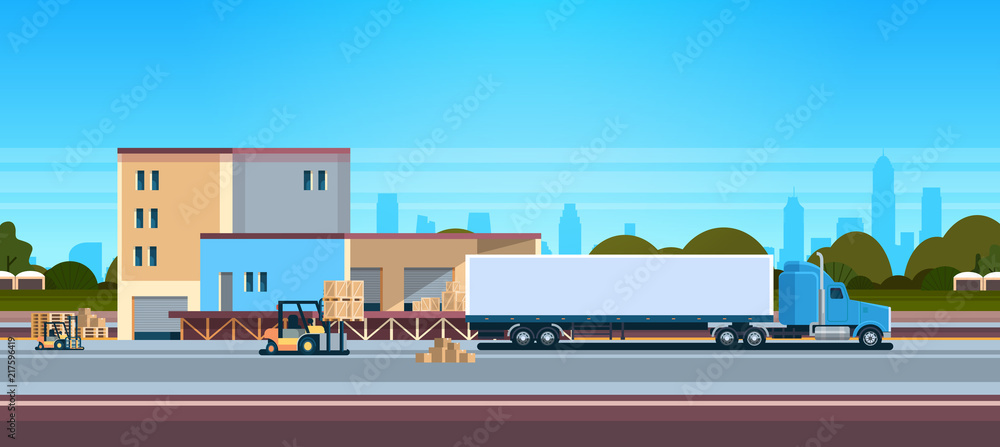Obraz premium Forklift unloading loading semi trailer outdoor warehouse international delivery concept flat horizontal banner vector illustration