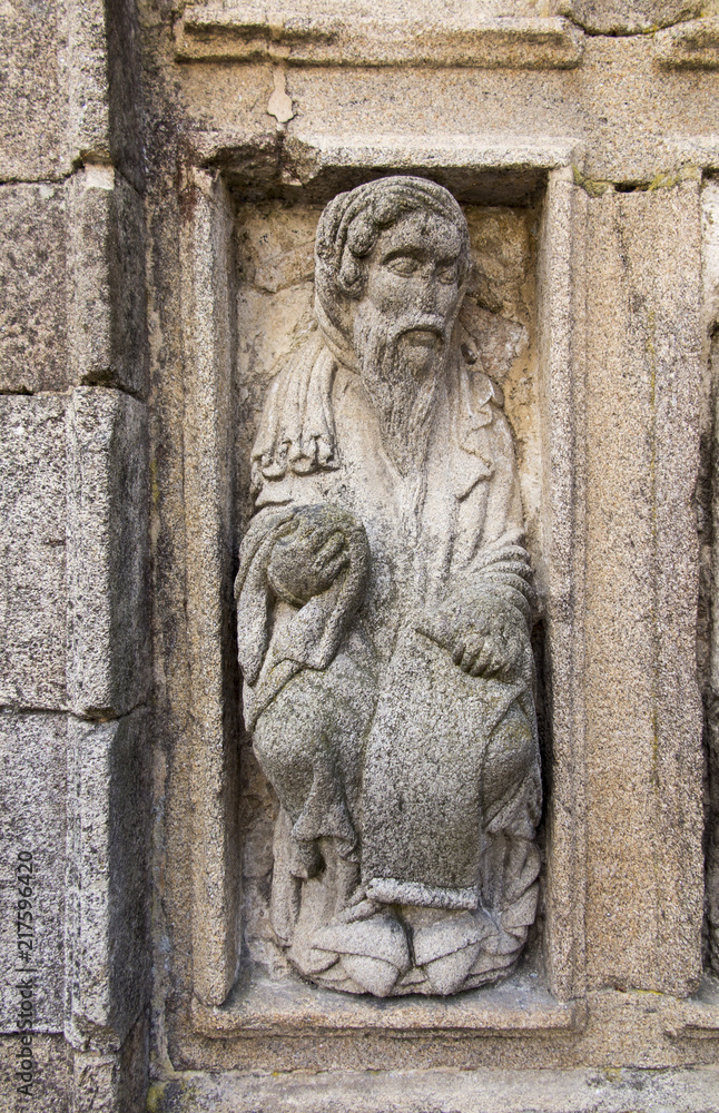 Santiago de Compostela, Galicia, Spain, June 14, 2018: Detail of the richly decorated façade of the Cathedral of St. James in Santiago de Compostela Santiago de Compostela, Galicia, Spain, June 14, 2018: Detail of the richly decorated façade of the Cathedral of St. James in Santiago de Compostela