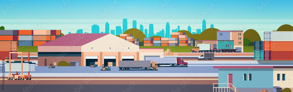 Fototapeta premium magazyn przemysłowy kontener naczepa towarowa ładunek na zewnątrz koncepcja dostawy międzynarodowej płaska pozioma transparent wektor ilustracja