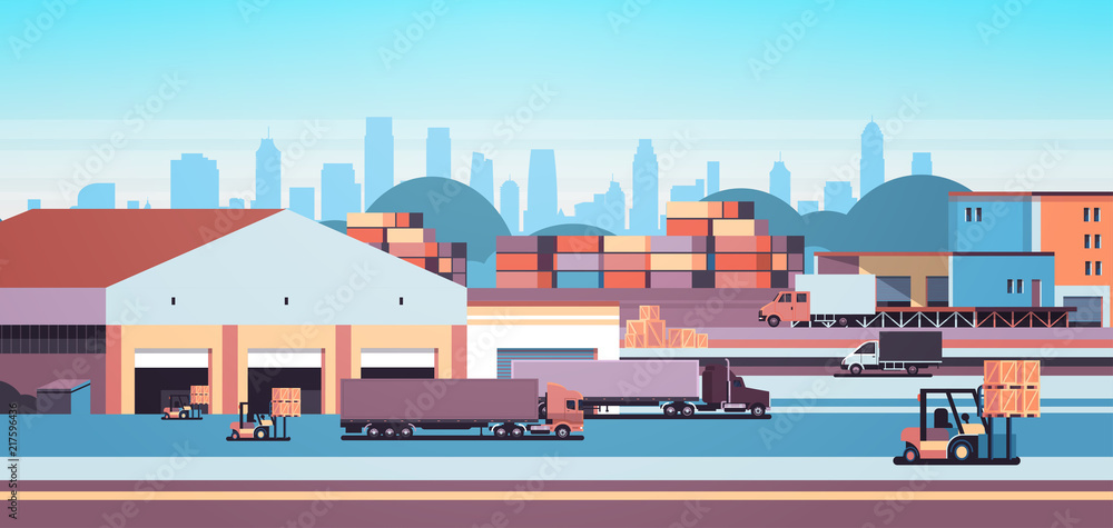 warehouse industrial container semi trailer loading cargo freight outdoor international delivery concept flat horizontal banner vector illustration