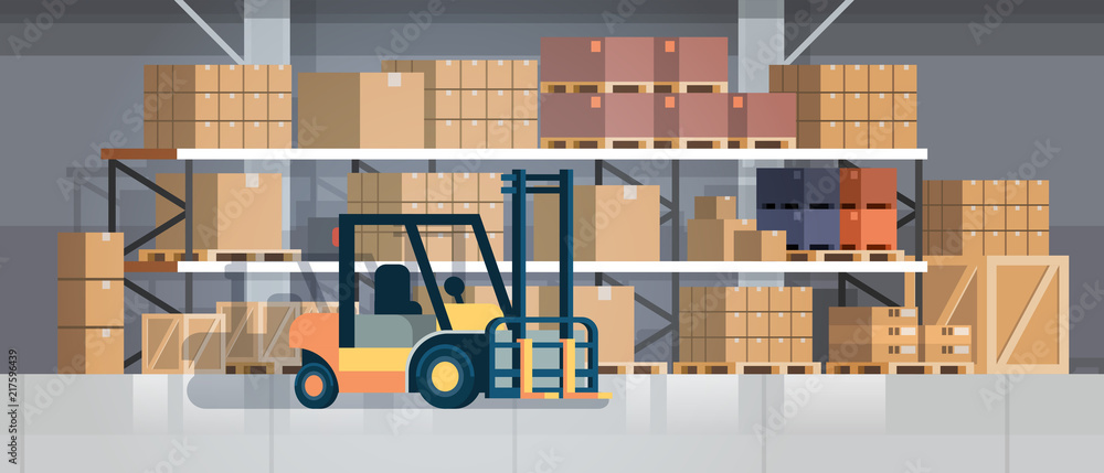 forklift loader pallet stacker truck equipment warehouse interior background rack box international delivery concept flat horizontal vector illustration forklift loader pallet stacker truck equipment warehouse interior background rack box international delivery concept flat horizontal vector illustration