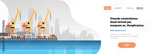 Industrial sea port cargo logistics container import export crane water delivery transportation concept shipping dock flat horizontal banner copy space vector illustration