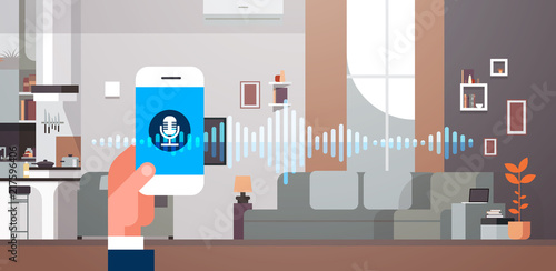 hand hold phone app intelligent voice personal assistant recognition living room interior background sound waves technology concept smart ai horizontal flat vector illustration