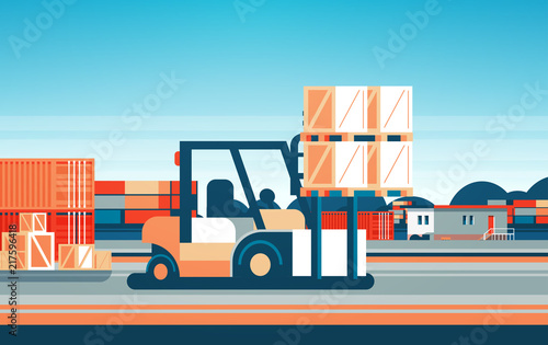 forklift loader pallet stacker truck equipment warehouse international delivery concept flat horizontal vector illustration