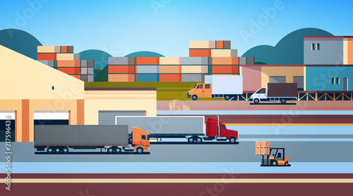 warehouse industrial container semi trailer loading cargo freight outdoor international delivery concept flat horizontal vector illustration