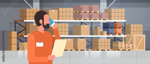 african american man loader phone calling pallet warehouse interior background rack box international delivery concept flat portrait horizontal vector illustration