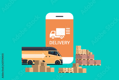 mobile delivery application cargo minivan loading parcel packages box international delivery industrial concept flat horizontal vector illustration