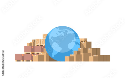 globus world map parcel packages paper box isolated white background international delivery industrial concept flat horizontal vector illustration