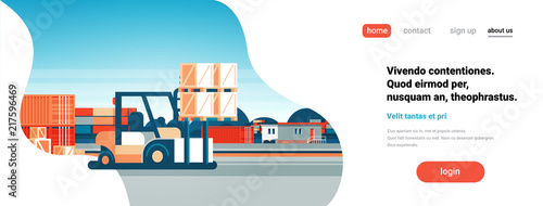 forklift loader pallet stacker truck equipment warehouse exterior international delivery concept flat horizontal banner copy space vector illustration