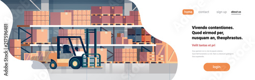 forklift loader pallet stacker truck equipment warehouse interior background rack box international delivery concept flat horizontal banner copy space vector illustration