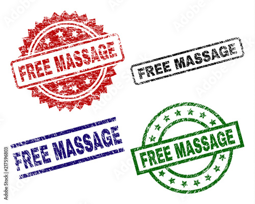 FREE MASSAGE seal prints with damaged texture. Black, green,red,blue vector rubber prints of FREE MASSAGE text with dirty style. Rubber seals with round, rectangle, rosette shapes.