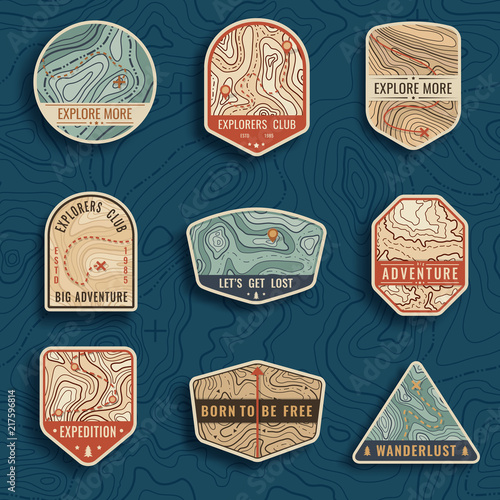Set of nine topographic map travel emblems. Outdoor adventure emblems, badges and logo patches. Forest camp labels in vintage style. Map pattern with mountain texture and grid