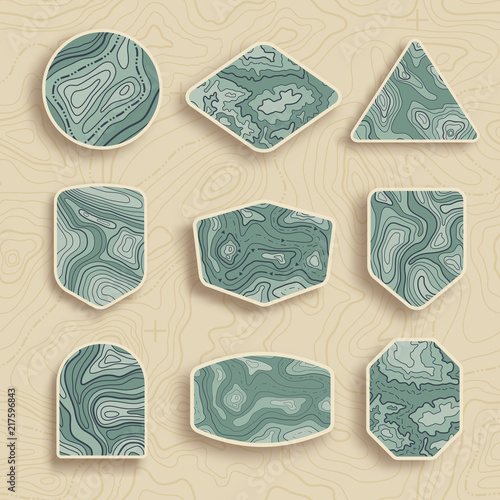 Set of nine empty topographic map travel emblems. Outdoor adventure emblems, badges and logo patches. Map pattern with mountain texture and grid