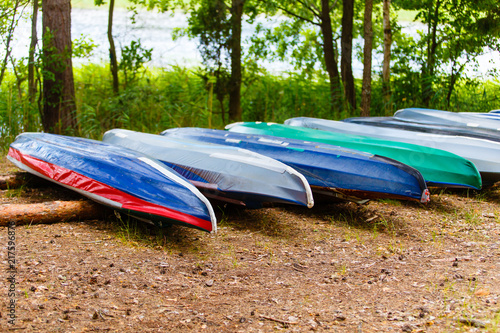 Kayaking boats lying on shore in green forest