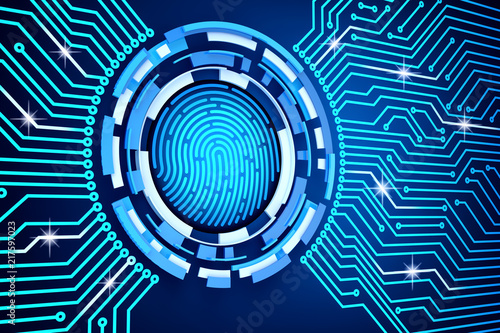 Electronic access security system and data protection technology concept  printed circuit board  pcb  around the fingerprint icon on a blue background