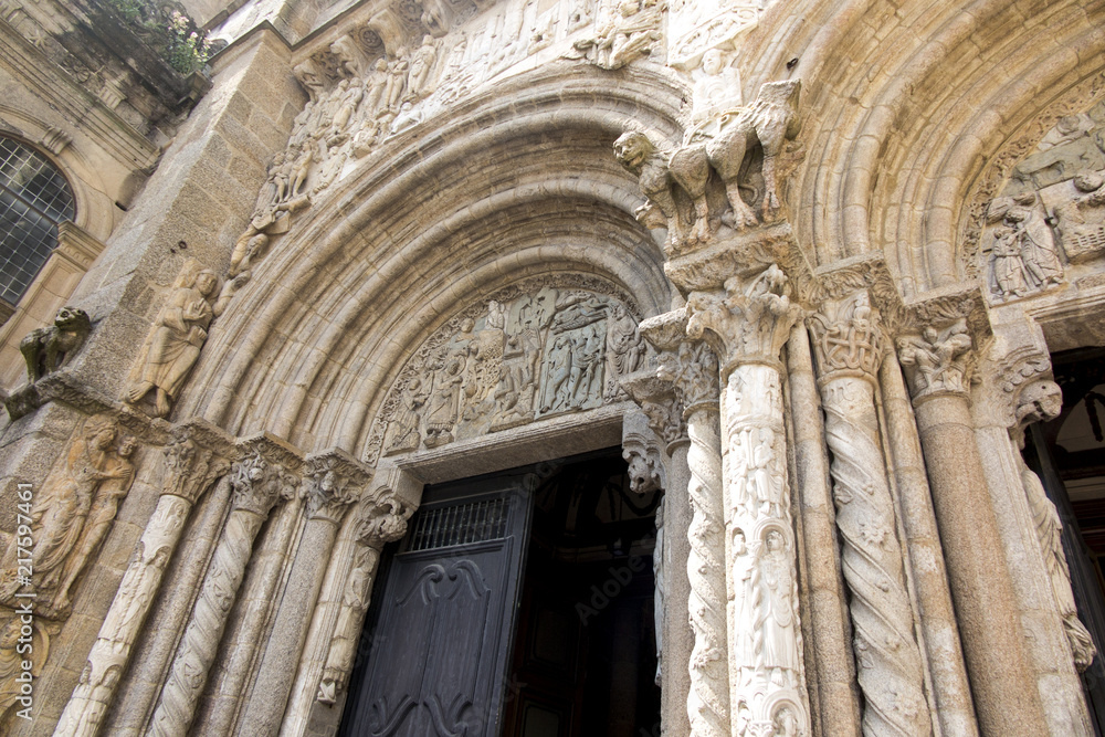 Santiago de Compostela, Galicia, Spain, June 14, 2018: Detail of the richly decorated façade of the Cathedral of St. James in Santiago de Compostela