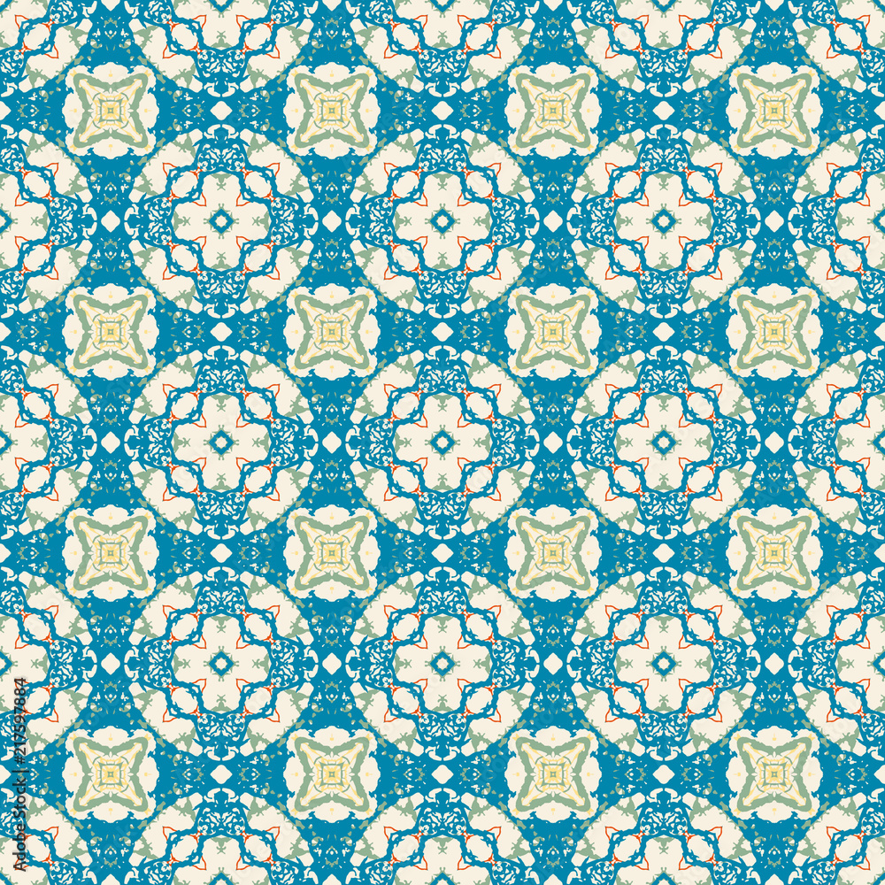 Obraz premium Retro geometric pattern in repeat. Fabric print. Seamless background, mosaic ornament, vintage style.