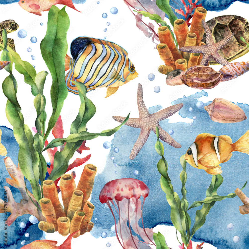 Fototapeta Watercolor laminaria branch, coral reef and sea animals seamless pattern. Hand painted jellyfish, starfish, tropical fish, air and shell on blue background. Nautical illustration for design on print.