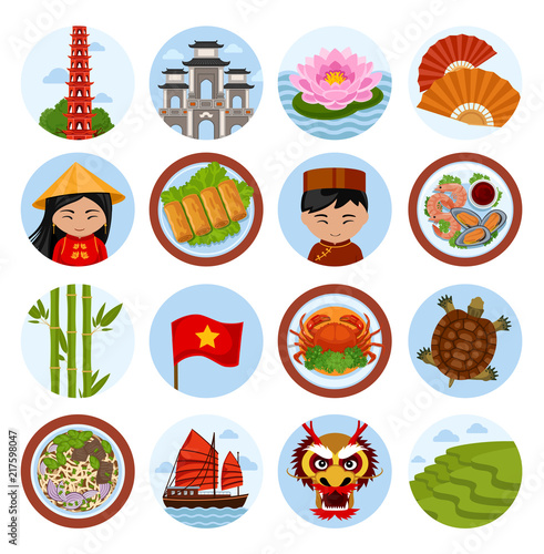 Travel to Vietnam. Set of vector illustrations. Vietnamese architecture, cuisine, costumes, traditional symbols, people. Collection of flat round icons for guidebook.