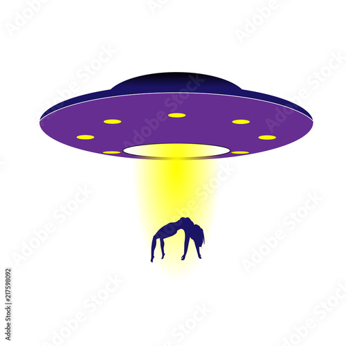 Shameless purple UFO steals a girl. Vector illustration